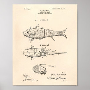 Künstlicher Köder 1908 Patent Art Old Peper Poster