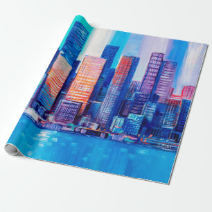 Kunstmalerei von Wolkenkratzern. Abstrakter Stil.  Geschenkpapier