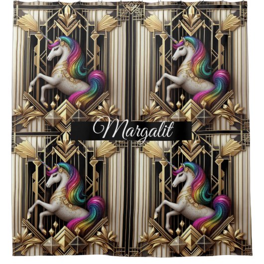 Kunstname Art Deco Regenbogen Glitter Einhorn Duschvorhang (Vorderseite)