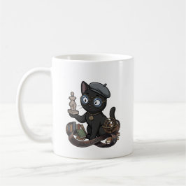 Kunstphilosoph schwarzer Katzenskulpteur mit Sonne Kaffeetasse
