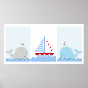 Kunstposter Kleiner Blauer Wal und Segelboot Poster