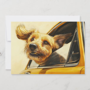 Kunstprint: Verspielter Hund genießt Autofahrt Karte