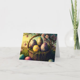kunstvoll dekorierte Ostereier in einem Blume-Korb Karte