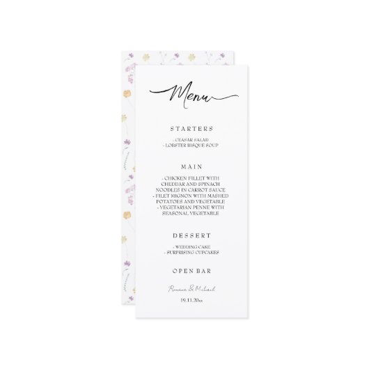 Kunstvoll wandern im Blumengarten Menükarte (Vorderseite/Rückseite Beispiel)