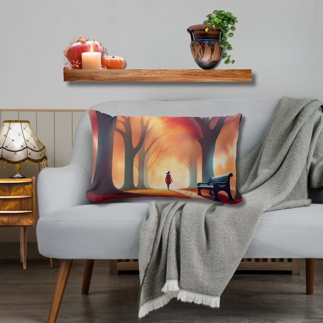 Kunstvoll wandern im Park Lendenkissen (Pretty pillow of red, orange, and yellow, with contrasting dark accents around a woman in the park)