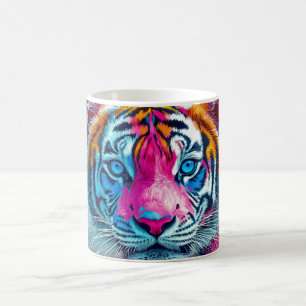 Kunstwerk eines Tigers mit lebendigem, neonfarbene Kaffeetasse