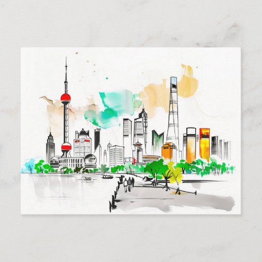 Kunstwerk Shanghai Skyline bei The Bund Postkarte (Vorderseite)
