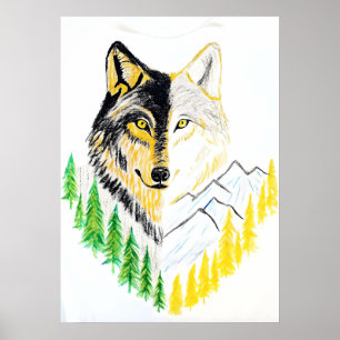 Kunstwolf-Portrait mit Naturgeschichte Poster