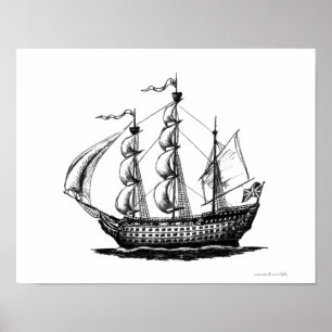 Kunstzeichnung eines alten Segelschiffs mit Tinte Poster