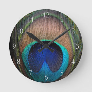 Kupfer/aquamarine/blaue Pfau-Feder Runde Wanduhr