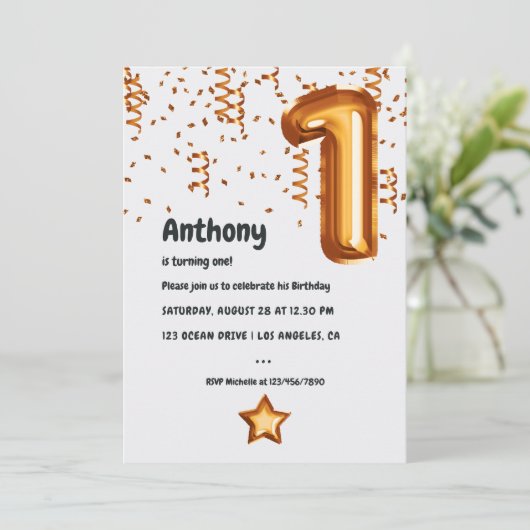 Kupfer Ballon 1. Geburtstag Einladung (Stehend Vorderseite)