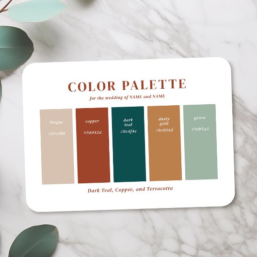Kupfer, Beige und Aquamarine Farbpalette für die H Begleitkarte
