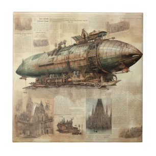 Kupfer Blau Grau Steampunk Luftschiff Vintage Kuns Fliese