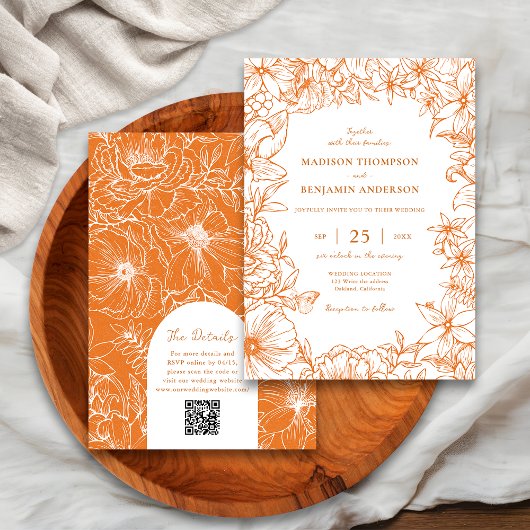 Kupfer-Blumengarten-Bogen RSVP QR-Code Hochzeit Einladung