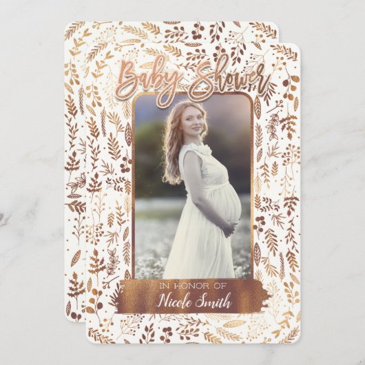 Kupfer Bronze Gold Foil Modernes Baby Dusche Foto Einladung (Vorne/Hinten)