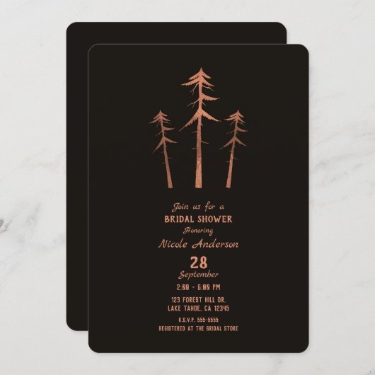 Kupfer Bronze Tall Pine Bäume Rustikales Brautpart Einladung (Vorne/Hinten)