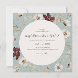 Kupfer-Burgund-Wildblume | Aquamarine Square Weddi Einladung
