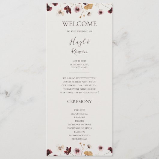 Kupfer-Burgund-Wildblume | Beige Hochzeitsprogramm Programm (Vorderseite)