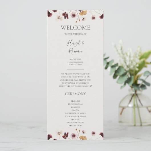 Kupfer-Burgund-Wildblume | Beige Hochzeitsprogramm Programm (Stehend Vorderseite)