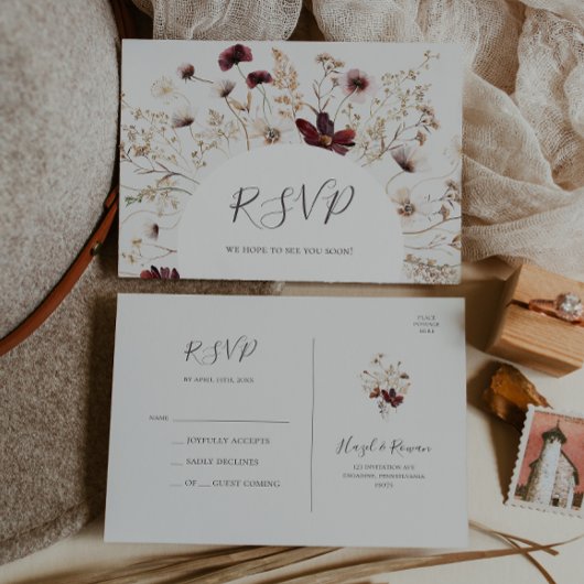 Kupfer-Burgund-Wildblume | Beige Wedding RSVP Postkarte