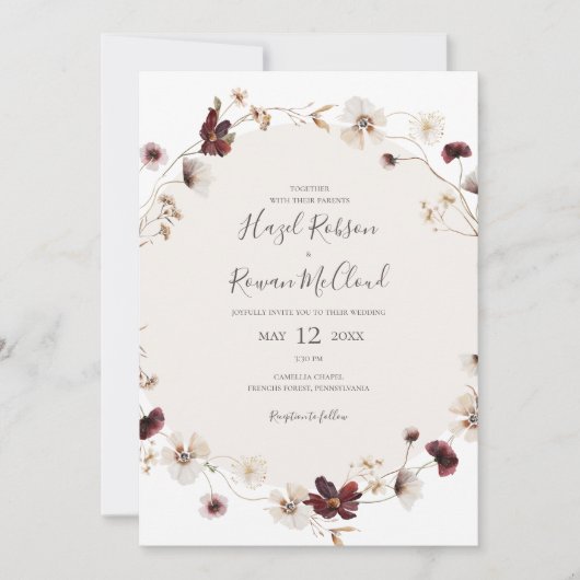 Kupfer-Burgund-Wildblume | Lässige Hochzeit Einladung (Vorderseite)