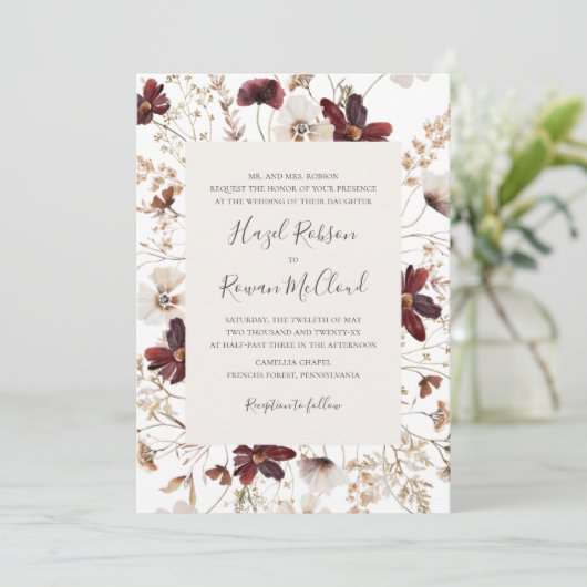 Kupfer-Burgund-Wildblume | Traditionelle Hochzeit Einladung (Stehend Vorderseite)