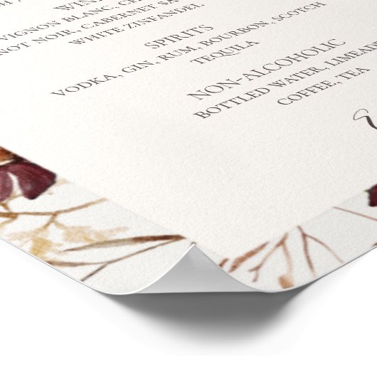 Kupfer Burgundy Wildblume Beige Drinks Menü Signat Poster (Ecke)