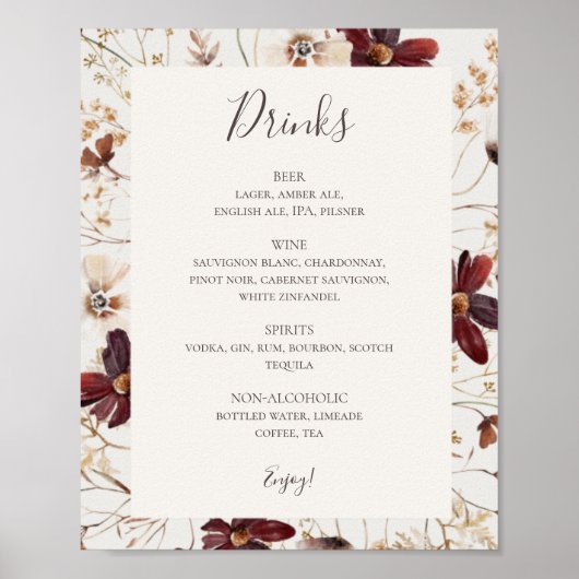Kupfer Burgundy Wildblume Beige Drinks Menü Signat Poster (Vorne)