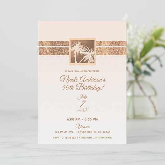 Kupfer Creme Tropical Palm Bäume Moderne Geburtsta Einladung (Stehend Vorderseite)