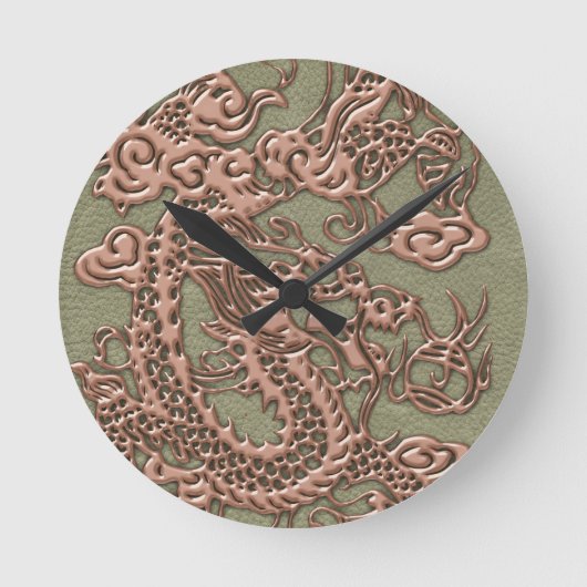 Kupfer Dragon auf Khaki Leather Textur Runde Wanduhr (Vorderseite)