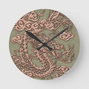 Kupfer Dragon auf Khaki Leather Textur Runde Wanduhr