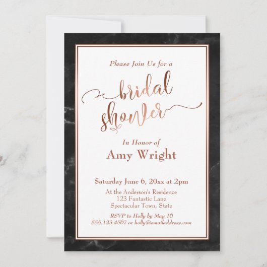 Kupfer Elegantes Script-Brautparty, Schwarz-Marmor Einladung (Vorderseite)