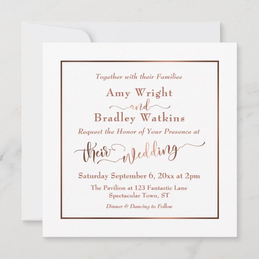 Kupfer Elegantes Skript & Editable White| Hochzeit Einladung (Vorderseite)