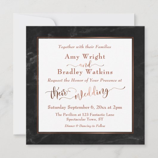 Kupfer Elegantes Skript mit schwarzem Marmor | Hoc Einladung (Vorderseite)