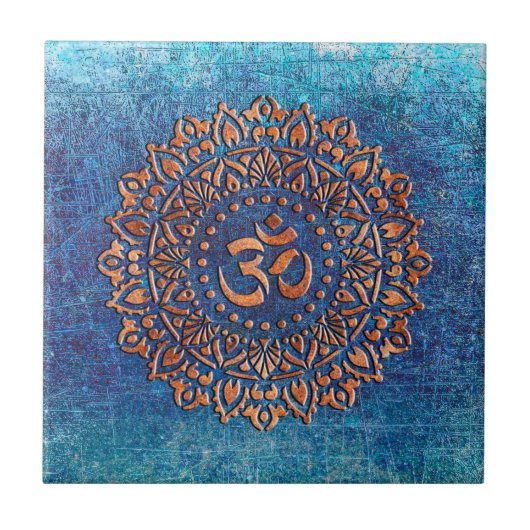 Kupfer Farbe Ohm Symbol Mandala auf blauem Hinterg Fliese (Vorderseite)