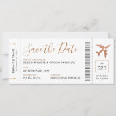 Kupfer-Flugzeug-Ticket Save the Date Ankündigung (Vorderseite)