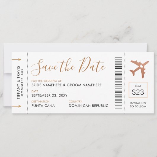 Kupfer-Flugzeug-Ticket Save the Date Ankündigung (Vorderseite)