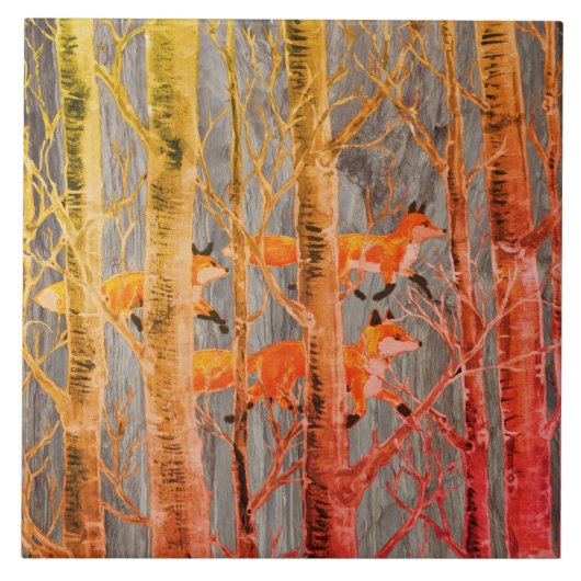 Kupfer Fox Woods auf grauem Stein Herbst Batik Loo Fliese (Vorderseite)