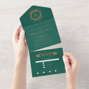 Kupfer Glitter Rosenkranz auf Immergrün Hochzeit All In One Einladung