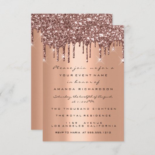 Kupfer-Glitzer Tropfen Rose Gold Brautparty 16. Einladung (Vorne/Hinten)