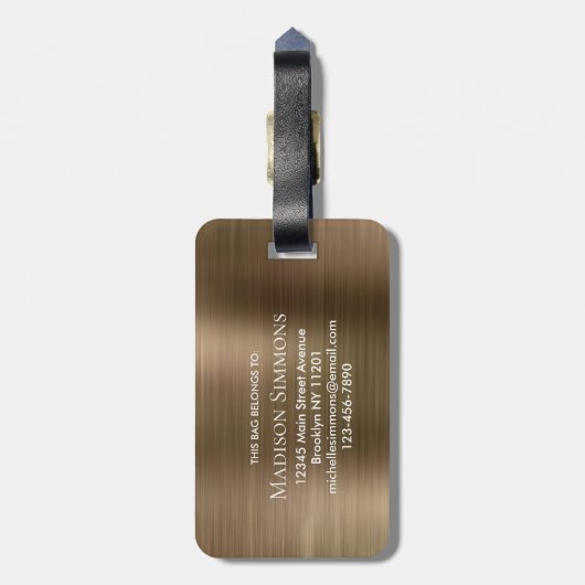 Kupfer Gold Brushed Metal Script Monogram Glam Gepäckanhänger (Rückseite vertikal)