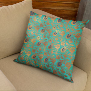 Kupfer Metallic Aquamarin Patina Floral Blue Kissen