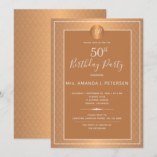 Kupfer Metallic Mit Monogramm 50 Geburtstagsparty Einladung (Vorne/Hinten)