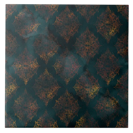 Kupfer Patina Damask Wasserfarbmuster Fliese (Vorderseite)