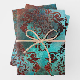 Kupfer Patina rostete Damask Geschenkpapier Set