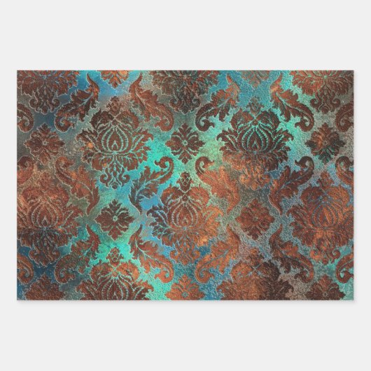 Kupfer Patina rostete Damask Geschenkpapier Set (Vorderseite 3)