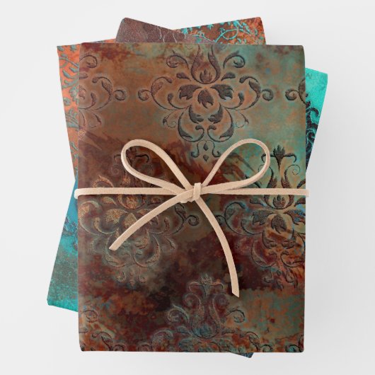 Kupfer Patina rostete Damask Geschenkpapier Set (Beispiel)