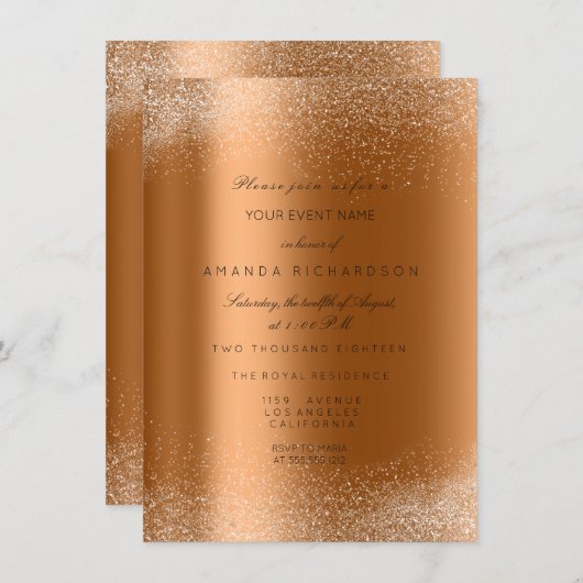 Kupfer Rose Gold Glitzer Blätter Sand Frame Glam Einladung (Vorne/Hinten)