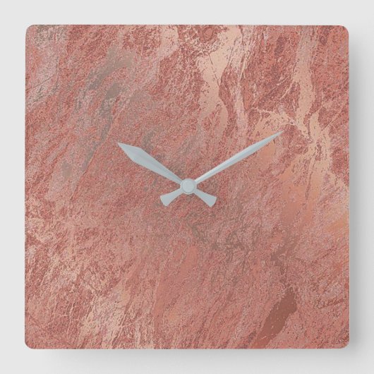 Kupfer Rose Gold Korallenmarmor Minimal Quadratische Wanduhr (Vorderseite)