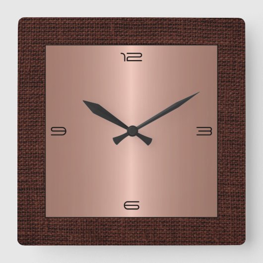 Kupfer rostfreier Stahl Moderne Burlap Border Quadratische Wanduhr (Vorderseite)